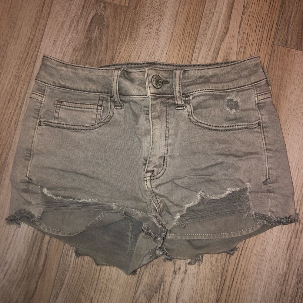 grey high rise AEO destroyed denim shorts